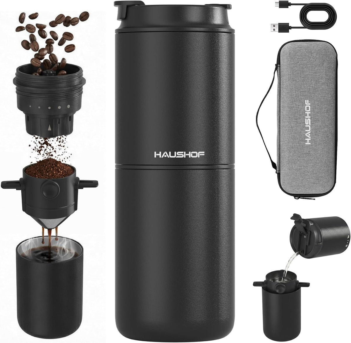 Rechargeable Electric Grinder, Portable Brew Pour Over Coffee Maker