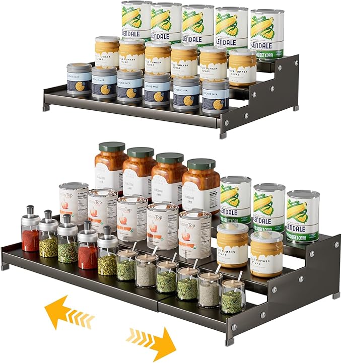 Expandable Carbon Steel Spice Rack Organizer for Pantry, Adjustable 3-Tier Ladder Shelf,Holds Up to 24 Cans,Kitchen Countertop Organizer, Rustproof Storage Rack for Spices, Cans, Sauces & Dry Goods