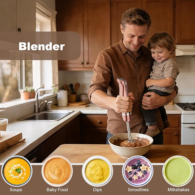 Camic Hand Blender, Cordless Immersion Blender with 6 Speeds, 4 in 1 Portable Mixer Electric Handheld Mixer with Blender, Chopper, Whisk, Frother for Soup, Smoothies, Baby Food and Puree (Champagne)