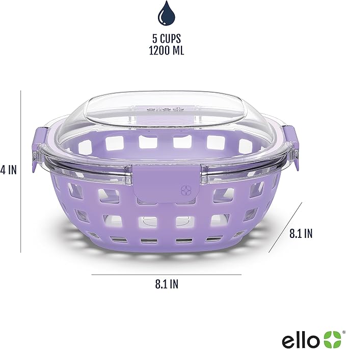 Ello DuraGlass Food Storage Glass Lunch Bowl Container - Meal Prep Container with Silicone Sleeve and Airtight Lid, 5 Cup, Lilac