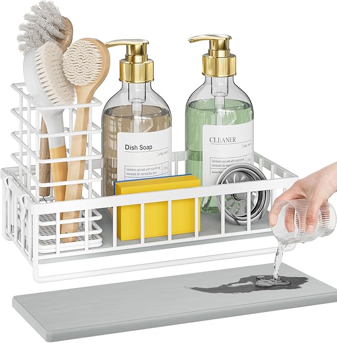 OVICAR Kitchen Sink Caddy Organizer - Sponge Holder with Dish Brush Holders - Instant Dry Waterproof Soap Dispenser Non-Slip Countertop Sink Caddy for Kitchen Bathroom White