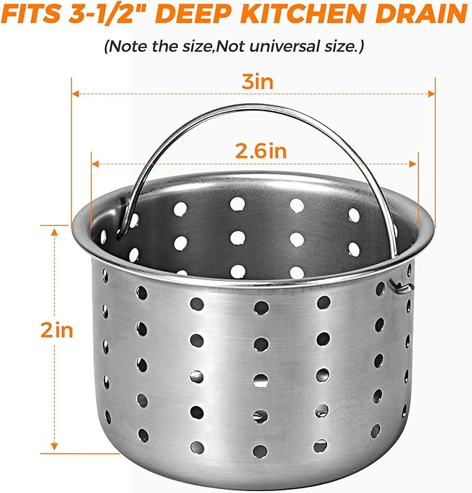 Deep Sink Strainer Basket – Fits Standard 3-1/2" Kitchen Drains – Stainless Steel Removable Strainer with 30 Disposable Mesh Bags – Makes Cleaning Food Debris Quick & Easy