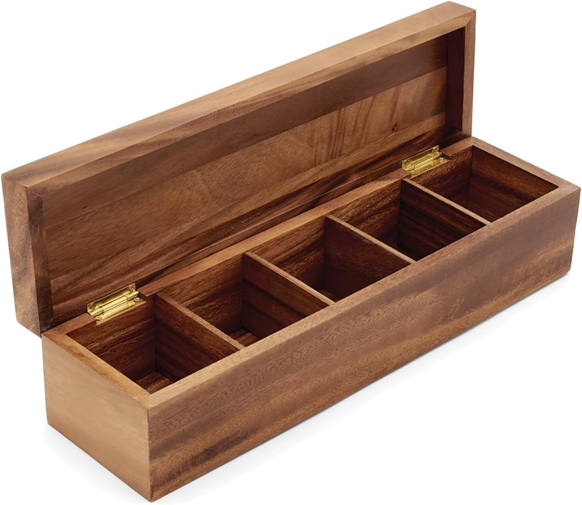 Large 5 Compartment Tea Box, Acacia Wood Tea Bag Organizer With Lid