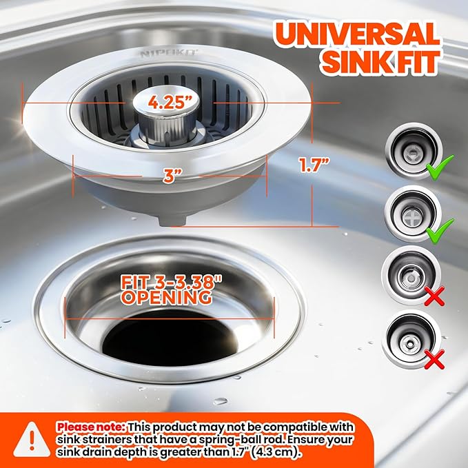 2 Pack Sink Drain Strainer - Sink Stopper, 3 in 1 Stainless Steel Kitchen Drain Plug with Deep Anti-Clog Basket and Odor-Blocking Seal, Pop-Up Design Fits Standard 3-1/2 Inch Sink