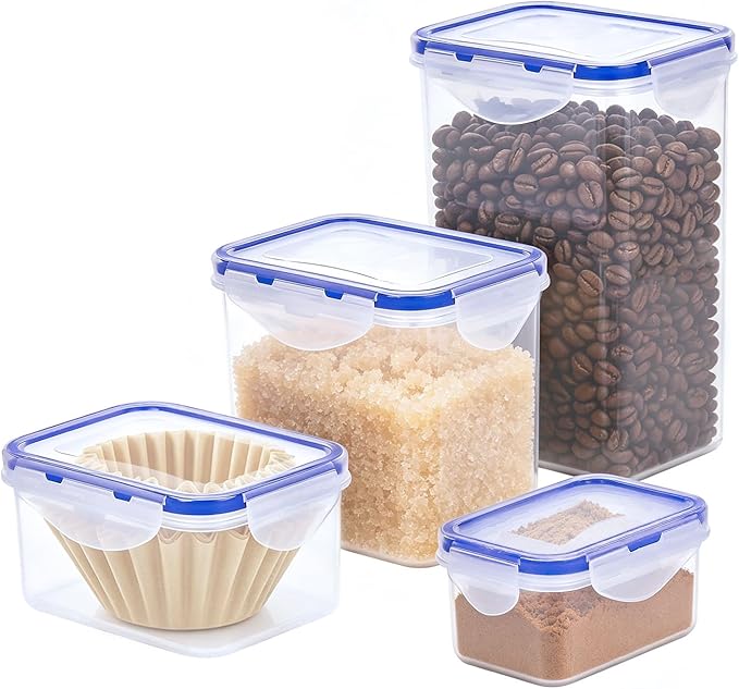 KIGI Food Storage Containers, Airtight Plastic Canisters & Jars, 4-Sided Locking Lid, BPA Free Clear Organizer for Coffee & Baking Supplies, 8-Piece, 0.75 Cup / 2.1 Cup / 3.6 Cup / 5.4 Cup