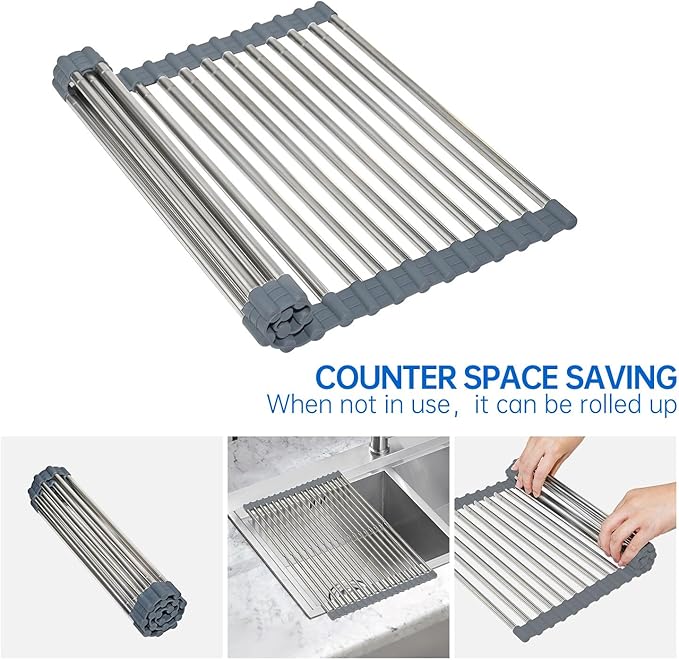 CHIRISEN Expandable Large Roll Up Dish Drying Rack, Foldable Over The Sink Dish Drying Rack, Rolling Dish Drainer Stainless Steel Roll Rack for Kitchen Sink Counter (Gray, 21.25x12.79in)