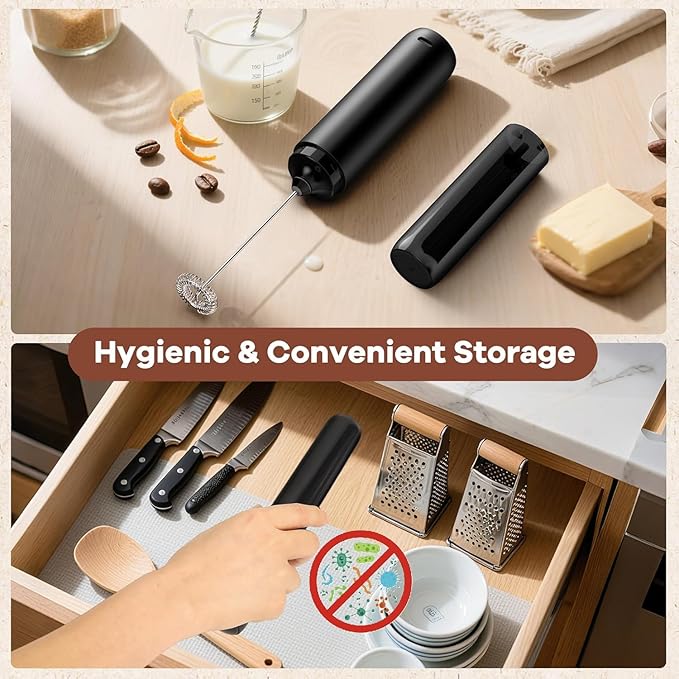 Rechargeable Milk Frother Handheld, Portable Hand Frother Wand Drink Mixer for Coffee, Latte, Matcha, Cappuccino, Frappe with cover kitchen gifts