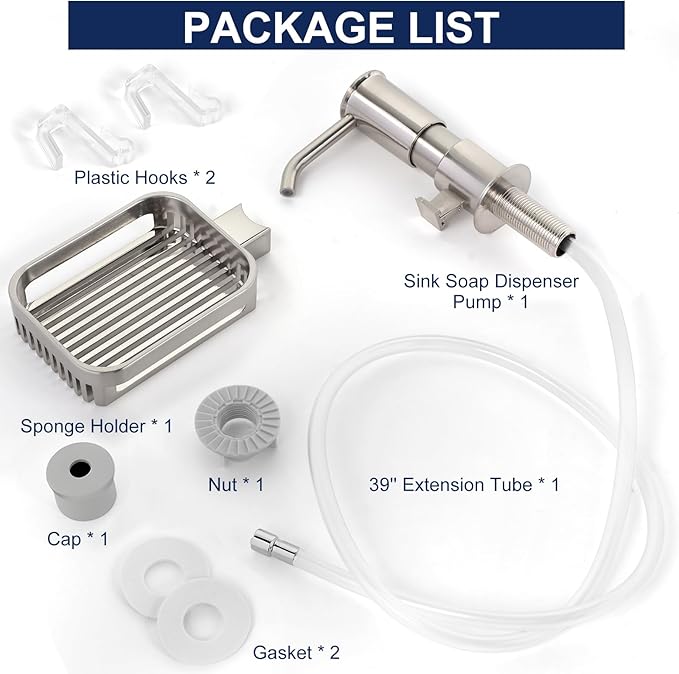 Soap Dispenser for Kitchen Sink, Built in Sink Soap Dispenser Pump with Sponge Holder, Brushed Nickel ABS Sink Dish Soap Dispensers Under Counter, with 39" Extension Tube Kit,No Refill Needed