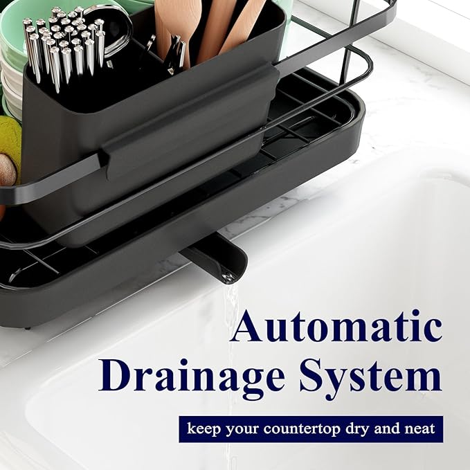 Kitsure Dish Drying Rack for Kitchen Counter, Stainless Steel Sink Organization and Storage Essentials with Cutlery Holder, Home and Appartment Decor, 12.2''W x 15.7''~23''L, Black