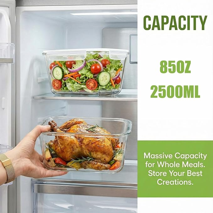 2 Pack Large Glass Food Storage Containers with Lids 85oz/10.5cup Big Airtight Storage Containers for Rotisserie Chicken Meal Prep Leftovers