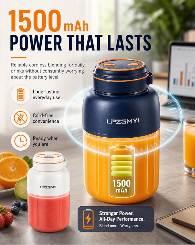 Portable Wireless Juicer Cup Electric Blender Travel Mini Rechargeable Personal Size Juicer Fresh Juice Bottle 44 Fl Oz / 1300 Ml Capacity 48 Blades Compact for Shakes and Smoothies (Blue)