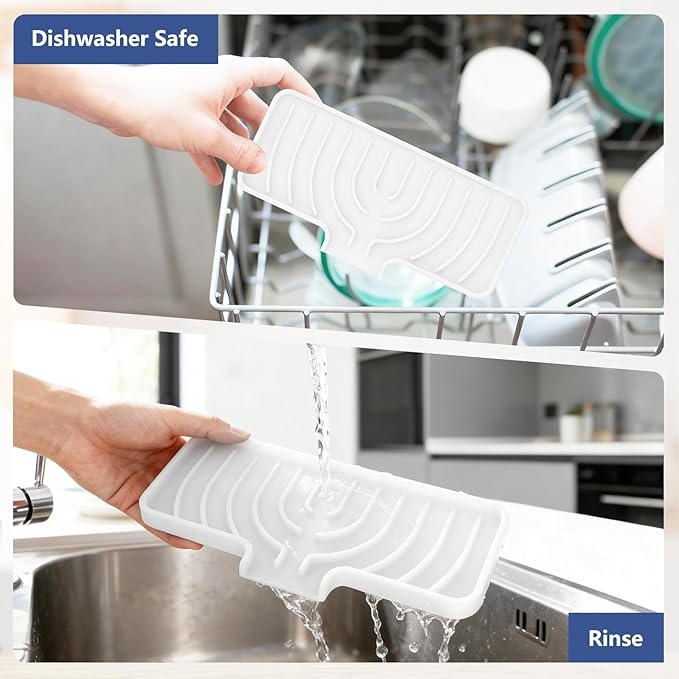 Silicone Sponge Holder for Kitchen Sink With Drain Spout, Self Draining, Kitchen Soap Tray, Bathroom Organizer, Sink Caddy (White, 10×4)
