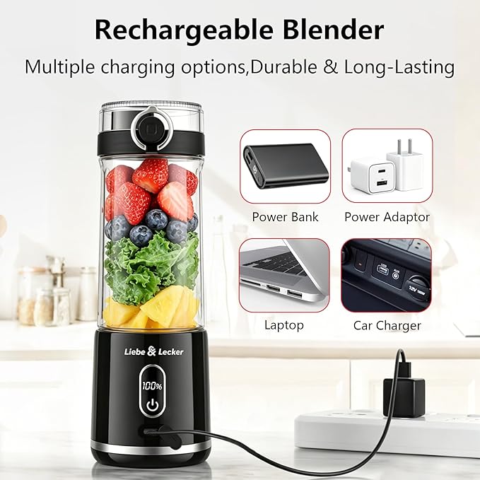 Liebe&Lecker Portable Blender, Cordless 17 Oz Vessel, Personal Blender for Shakes and Smoothies, BPA Free, Leak-proof Lid, USB-C Rechargeable Personal Size Blenders for Kitchen Offic Gym