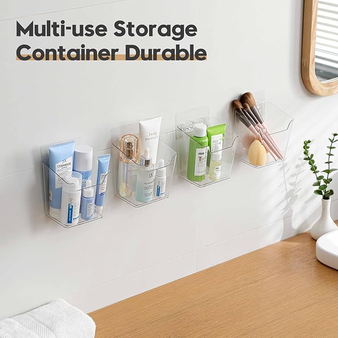 Clear Inside Cabinet Door Organizer, 6 Pack Plastic Wall Storage Bin Adhesive, Vertical Versatile Caddy Makeup Brush Pen Holder for Small Spaces in Bathroom, Office, Kid's Room Organization, No-Drill