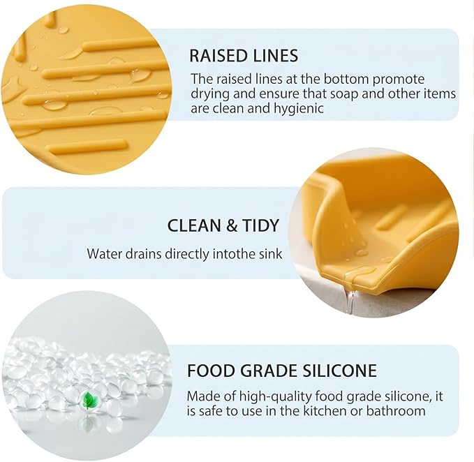 MicoYang Silicone Soap Dish with Drain Spout, Self-Draining Sink Organizer Tray for Bathroom and Kitchen, Sponges, Dispensers and Soap Holder, Non-Slip & Dishwasher Safe, Yellow (Compact, 4.9"×3.2")