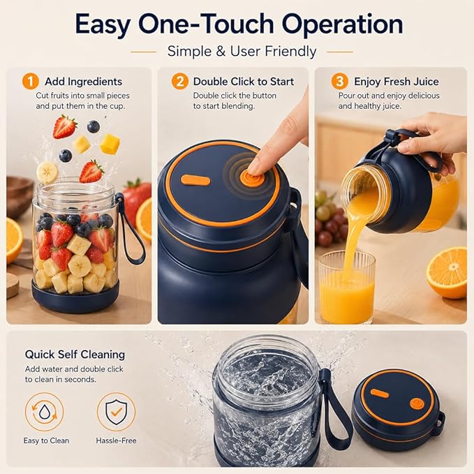 Portable Wireless Juicer Cup 38 Blades, 1300 ml Portable Electric Blender for Smoothies & Shakes, Large Capacity USB Juicer Cup for Fruit Juice, Protein Drinks, Travel, Gym & Camping (Blue)