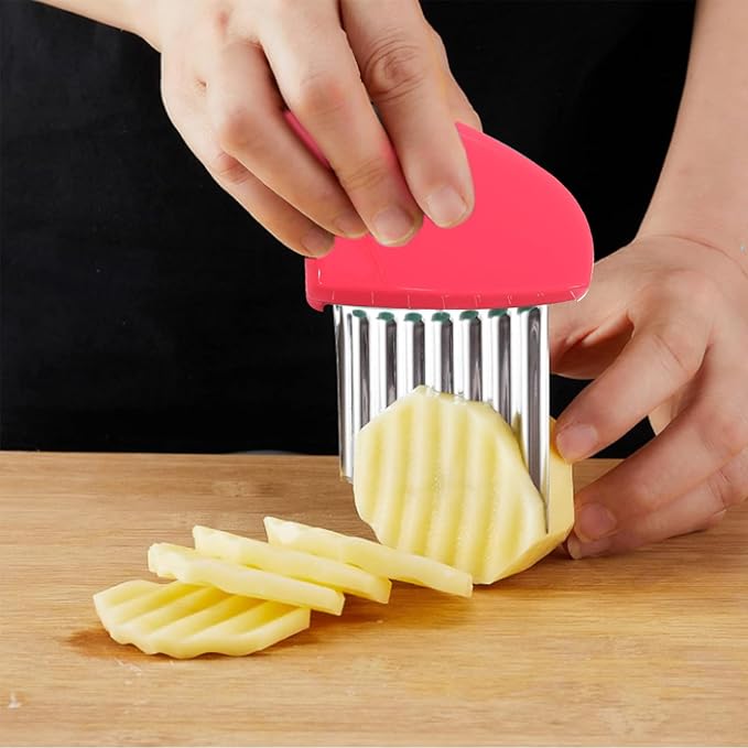 2 Pack Crinkle Cutter Stainless Steel Wavy French Fry & Vegetable Slicer for Potatoes, Carrots, Cheese, Multi-Color (Pink & Blue)