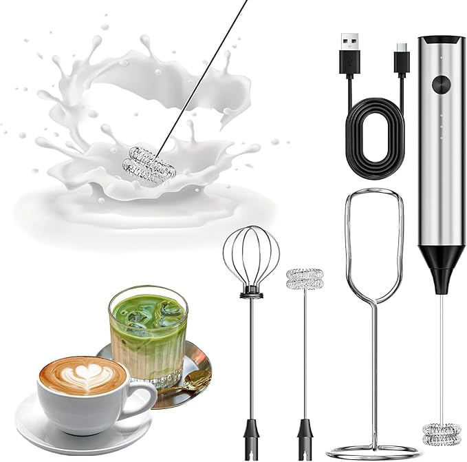 Rechargeable Handheld Milk Frother for Coffee, Hand Frother with Stand, Drink Mixer Frother Wand Electric Whisk Stirrer for Latte, Matcha, Cappuccino, Hot Chocolate (Stainless Steel)
