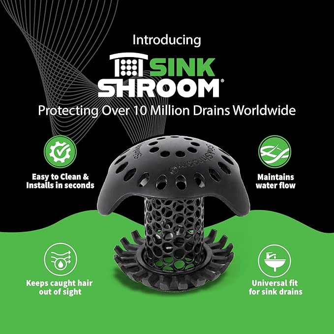 SinkShroom Ultra Bathroom Sink Drain Protector, Stainless Steel, Matte Black, Hair Catcher with Multiple Drain Adapters