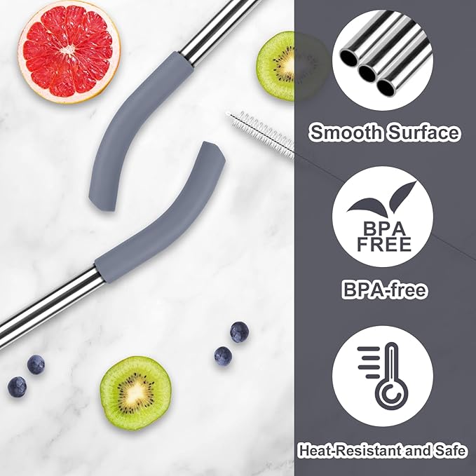 2Pcs Replacement Straw for Ninja BlendBOSS Personal Smoothie Blender Cup, Reusable Glass Straws Compatible With Ninja BlendBOSS Travel Tumbler (Grey)