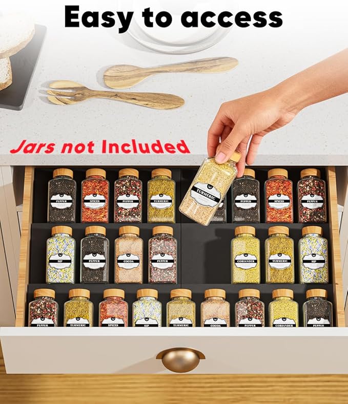 Spice Drawer Organizer, Spice Rack Tray for Kitchen Cabinet, Expandable Seasoning Storage Rack Insert for Drawer/Countertop,9 Pieces Set, Aluminum (Jars Not Included)