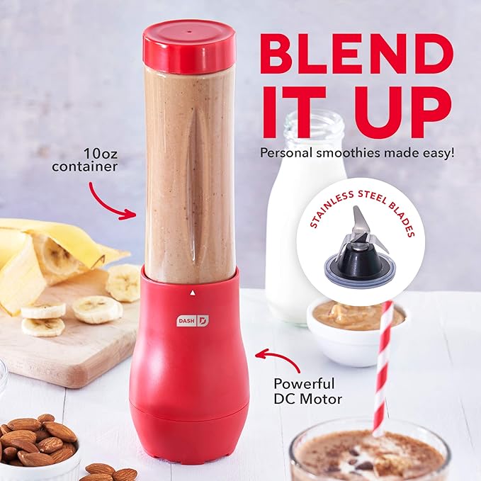 Dash Mighty Mini Blender - Small Personal Blender for Smoothies, Protein Shakes & Frozen Fruit with Travel Lid-Stainless Steel Blades, BPA Free Tritan™ Cup - 10 Ounce - Red