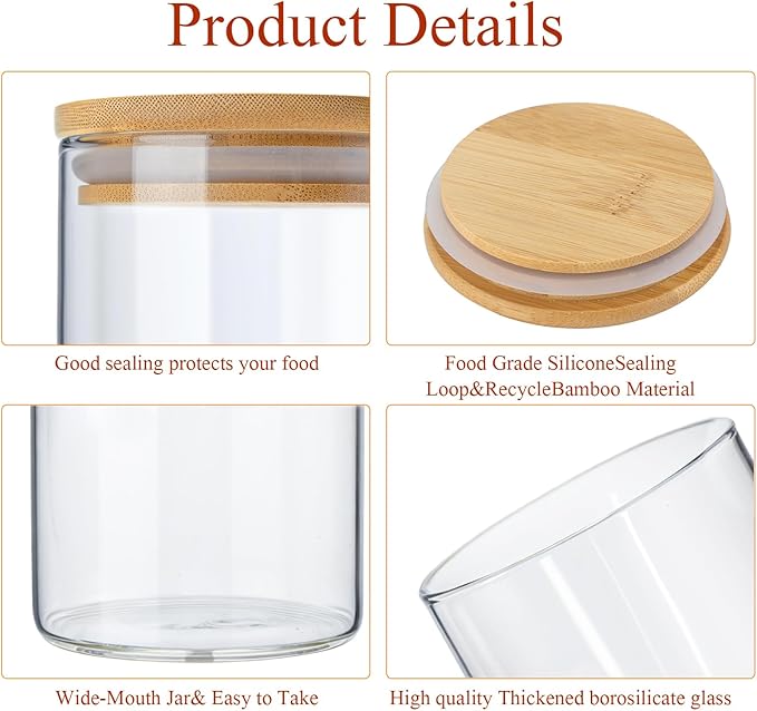 Qinyoung Glass Storage Jars with Wooden Lids, 4 Sizes Food Storage Containers Clear Stackable Canisters Airtight Glass Jars for Candy Cookie (Clear, Light Brown, 15oz 25oz 34oz 42oz, 24 Pcs)