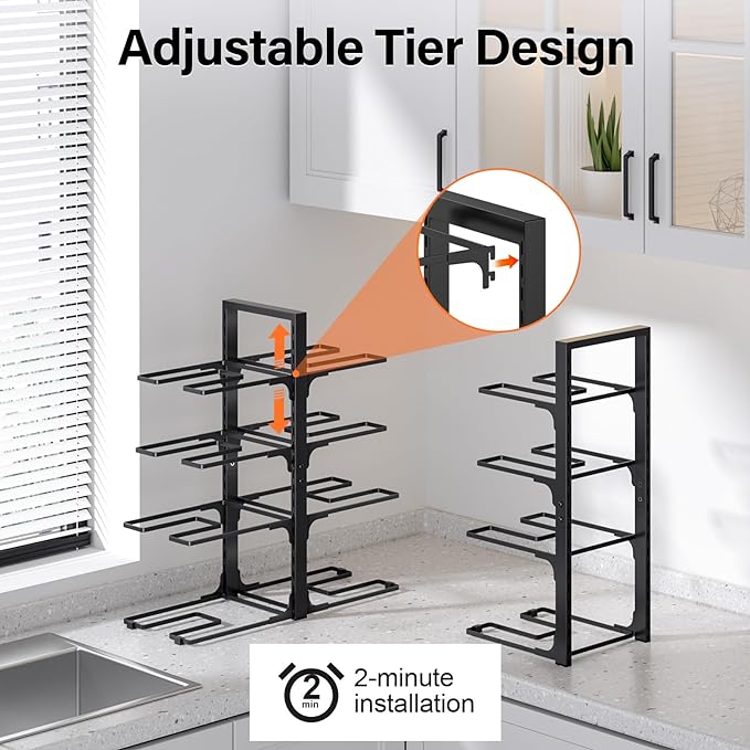 MUDEELA Pots and Pans Organizer under Cabinet 20.8" Height, Heavy Duty Adjustable Pot Pan Organizers inside Cabinet, 8-Tier Kitchen Cabinet Organizers and Storage for Big Stockpots, Heavy Cookware