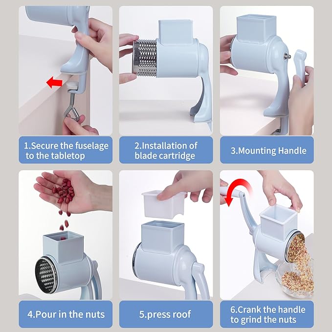 Manual Nut Chopper Grinder, Rotary Cheese Grater Hand Crank Cheese Shredder Multifunctional Dried Fruit Crusher Peanut Masher Grinding Device for All Nuts Walnut Pecan Double Sword White