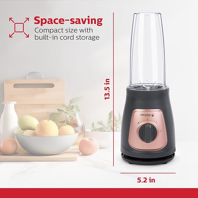 Holstein Housewares Personal Blender – 25 oz Travel Jar, Two-Speed Knob with Pulse Function, Stainless Steel Blades, Compact & Portable, Cool Grey/Rose Gold