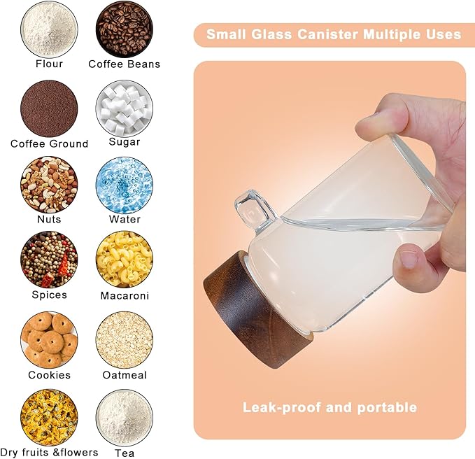 8 oz Small Glass Mason Jars with Scoop Wooden Screw Lid Spice Herb Storage Container Clear Round Glass Food Canister for Seasoning Sugar Tea Coffee Bean Spice Salts Pantry (2×250ml(8.4oz)with scoop)