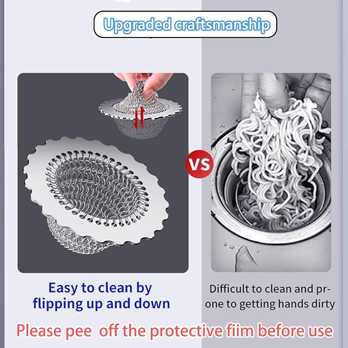 Kitchen Sink Drain Strainer, Patented 304 Stainless Steel Reversible Mesh Strainer with Flexible Chain, Handcrafted Anti-Clog Garbage Disposal Tool, Easy to Clean - 2 Pack