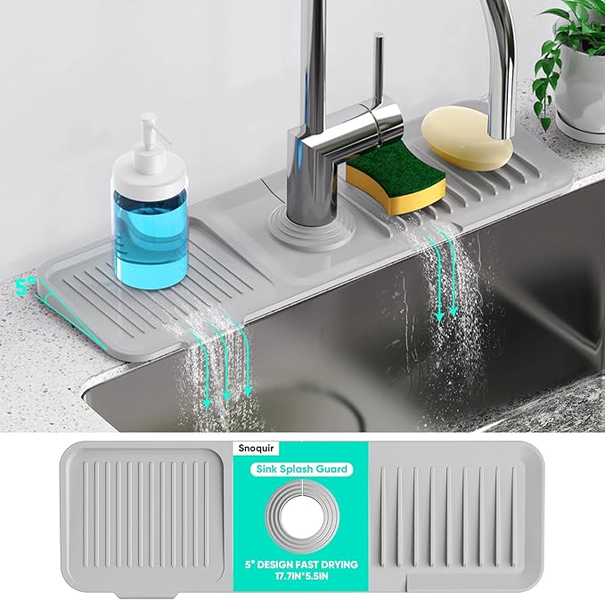 17.7'' Faucet Mat for Kitchen Sink [5°Slope Fast Self-draining] Kitchen Sink Splash Guard Silicone Sink Faucet Mat Splash Guard Kitchen Sink Area Tidy Splash Faucet Guard Draining Mat-Light Gray
