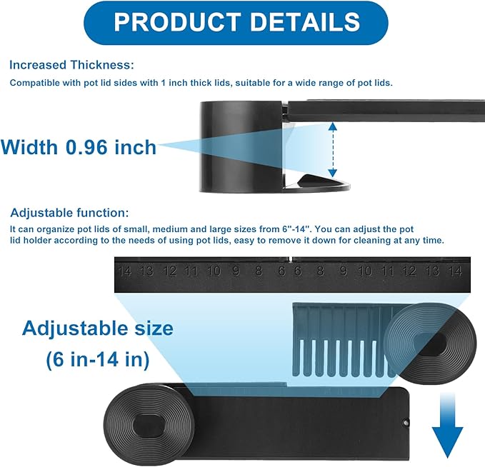 New Upgrade 4 Pack Adjustable Pot Lid Holder, Lid Organizer Fits 6" to 14" Lids