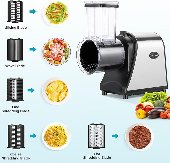 Electric Cheese Grater, 250W Electric Slicer Shredder, One-Touch Control Electric Salad Machine for Cheese, Fruits, Vegetables, Salad Maker with 5 Different Shapes of Blades, 2026 Upgrade