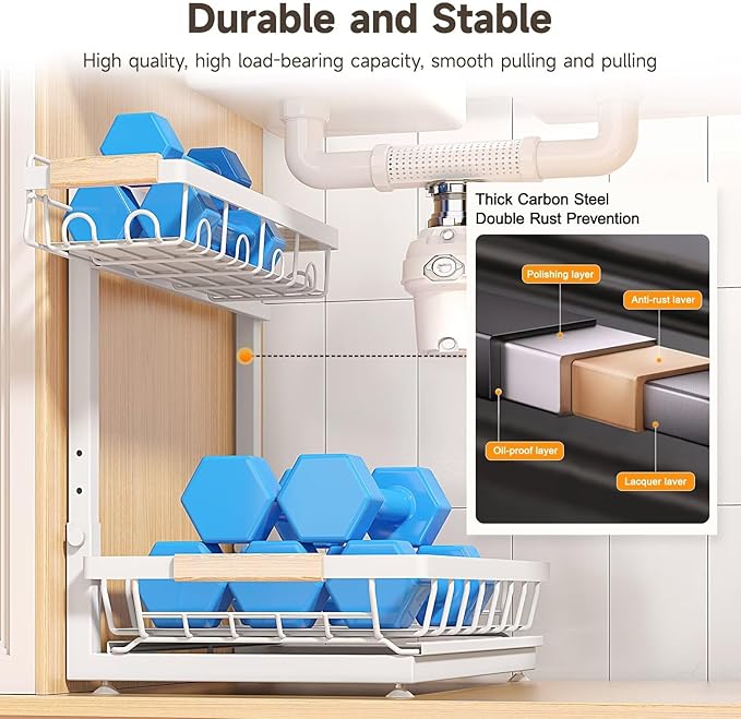 Sevenblue 2 Packs Under Sink Organizer, Height Adjustable 2 Tier Under Kitchen Sink Organizer, Multi-Purpose Storage Shelf for Kitchen Bathroom Cabinet