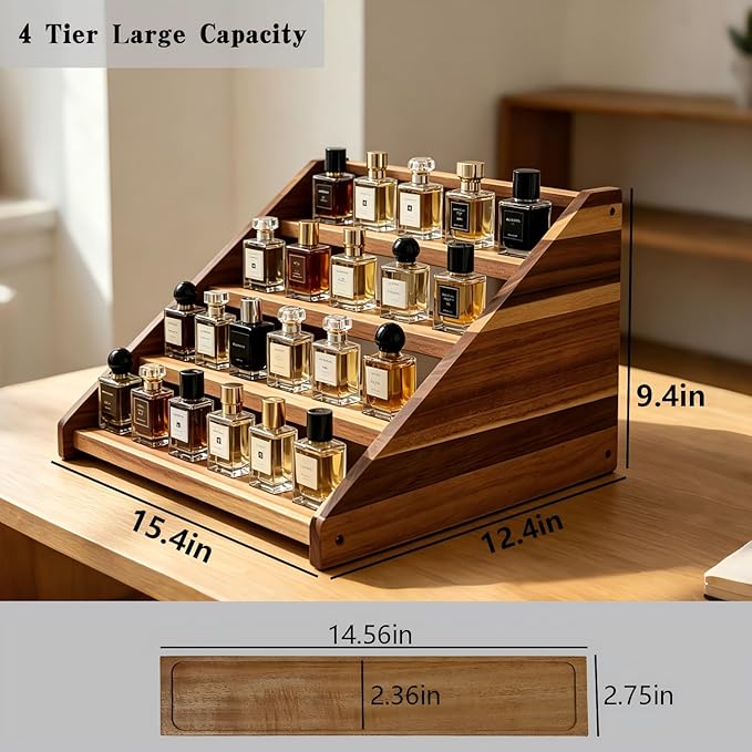 Acacia Wood 4 Tier Cologne Organizer for Men, Ladder Perfume Display Stand, Vanity Countertop Cologne Shelf, Perfume Organizer Stand Ideal Gift for Men Women