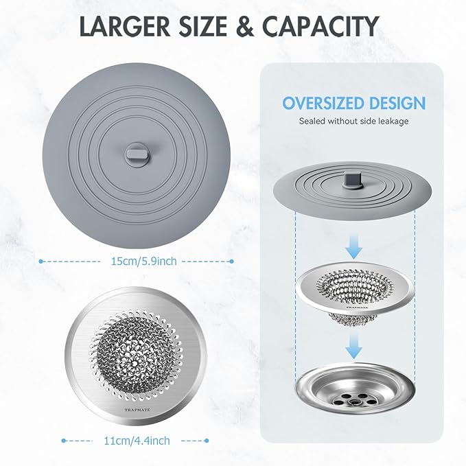 TRAPMATE Kitchen Sink Drain Strainer & Sink Stopper, Revolutionary Stainless Steel Drain Plug Combo, Anti-Clog Garbage Strainer Basket for US Standard Drains, Fits Single & Double Bowl Kitchen Sinks