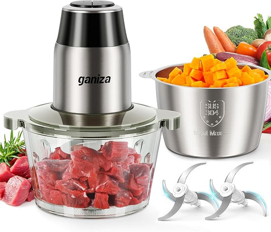 GANIZA Food Processors, Electric Food Chopper with Meat Grinder & Vegetable Chopper - 2 Bowls (8 Cup+8 Cup) with Powerful 450W Copper Motor - Includes 2 Sets of Bi-Level Blades (Silver)
