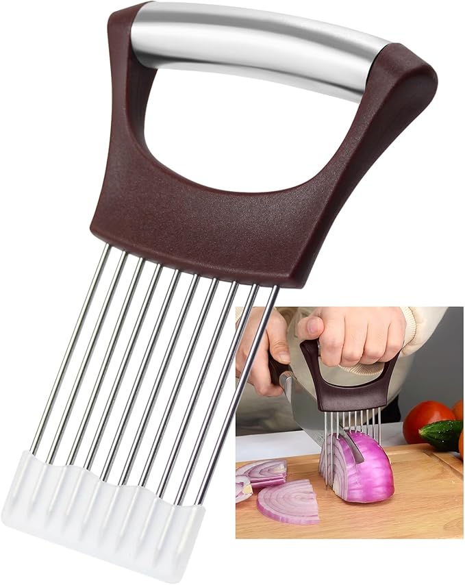 Stainless Steel Onion Holder for Slicing,Onion Slicer Holder, Onion Cutter for Slicing of Onions, Tomatoes,Avocados,Eggs and Other Vegetables,Kitchen Utensils Gift (Wine Red)