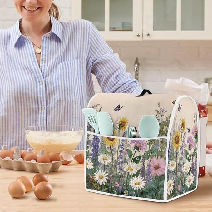 Sunflower Daisy Butterfly Blender Dust Cover for 4.5-5 Qt Kitchen Stand Mixer with Carrying Handle & Accessory Pocket Machine Washable Appliance Protector for Countertop Storage