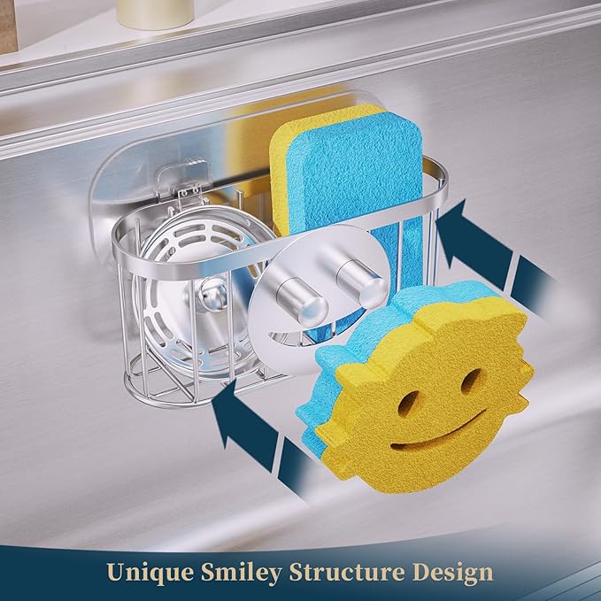 Consumest Sponge Holder Smiley Face - Kitchen Sink Caddy, Sink Organizer with Removable Suction Cups & Adhesive Strips, Suit for Sponge, Soap, Silver