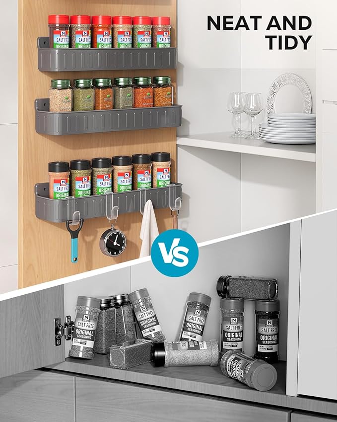 Nieifi Spice Rack Wall Mount, Spice Organizer for Spice Jars, Screw or Adhesive Hanging Organizer for Kitchen Cabinet or Pantry Door, 4 Pack, Grey, ABS Plastic