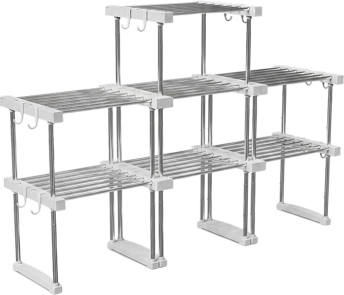 BLULEE Dual-Adjustable Cabinet Organizer Shelf,Expandable Width & Height Stackable Spice Rack with Snap-Lock,2-Tier Kitchen Organization and Storage for Under Sink,Countertop,Pantry,White,1Pack