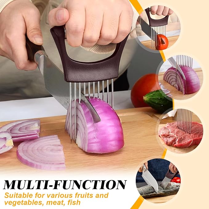 Stainless Steel Onion Holder for Slicing,Onion Slicer Holder, Onion Cutter for Slicing of Onions, Tomatoes,Avocados,Eggs and Other Vegetables,Kitchen Utensils Gift (Wine Red)