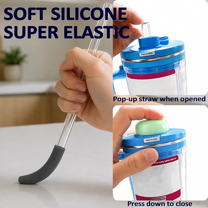 2 Pack Replacement Straw for Ninja BlendBOSS Personal Smoothie Blender Tumbler, 2* Reusable Glass Straws With 2* Spout Lid Plug Seal Compatible With Ninja BlendBOSS Travel Tumbler