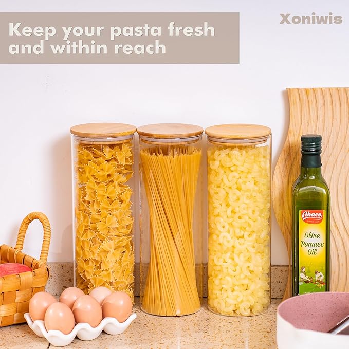 3-Pack 2Qt Round Glass Spaghetti Jars with Bamboo Lids, Tall Food Storage Containers for Pantry Organization, Elegant Kitchen Storage Canister for Pasta, Penne, Macaroni, Lasagna, Fusilli