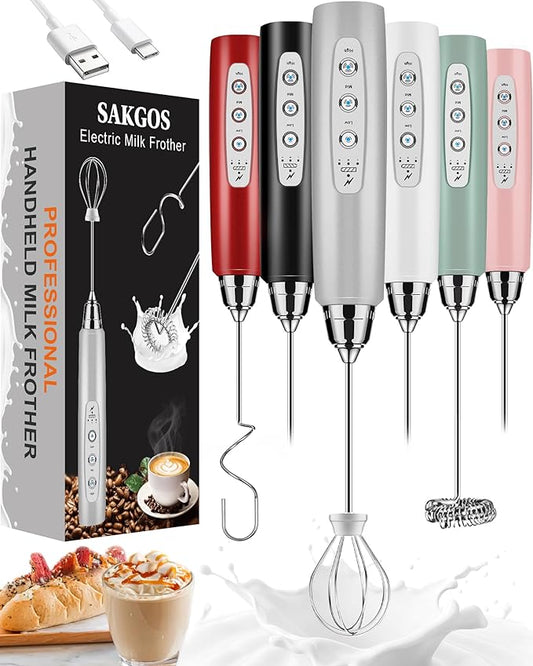 Sakgos Milk Frother Rechargeable Handheld-Electric Whisk 3 Speed Adjustable, Coffee Frother Wand with 3 Stainless Whisks, Electric Foam Maker, Drink Mixer Blender for Latte Cappuccino Matcha Egg