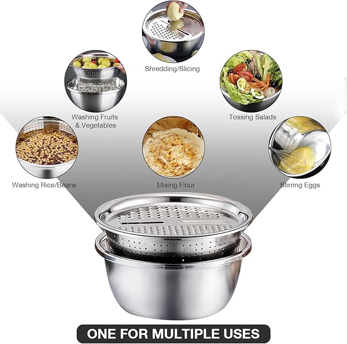 Multifunctional Stainless Steel Basin with Grater, Mixing Bowls, Vegetable Cutter, Slicer, Strainer, Drain Basket, Salad Maker Bowl, Colanders for Kitchen Use
