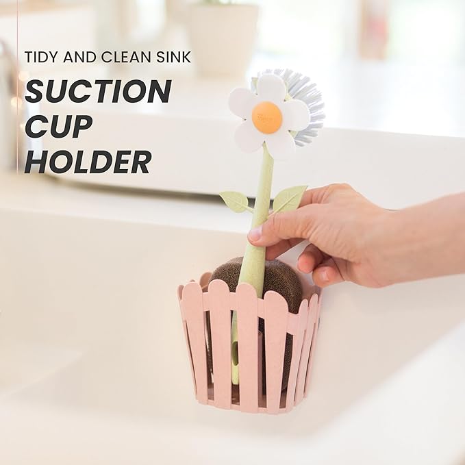 Vigar Florganic Kitchen Sink Caddy Organizer - Dish Sponge Holder with Flower Dish Brush, Suction Cup & Sponge for Kitchen Sink, Decorative Kitchen Sink Accessories Countertop Storage Set - Pink